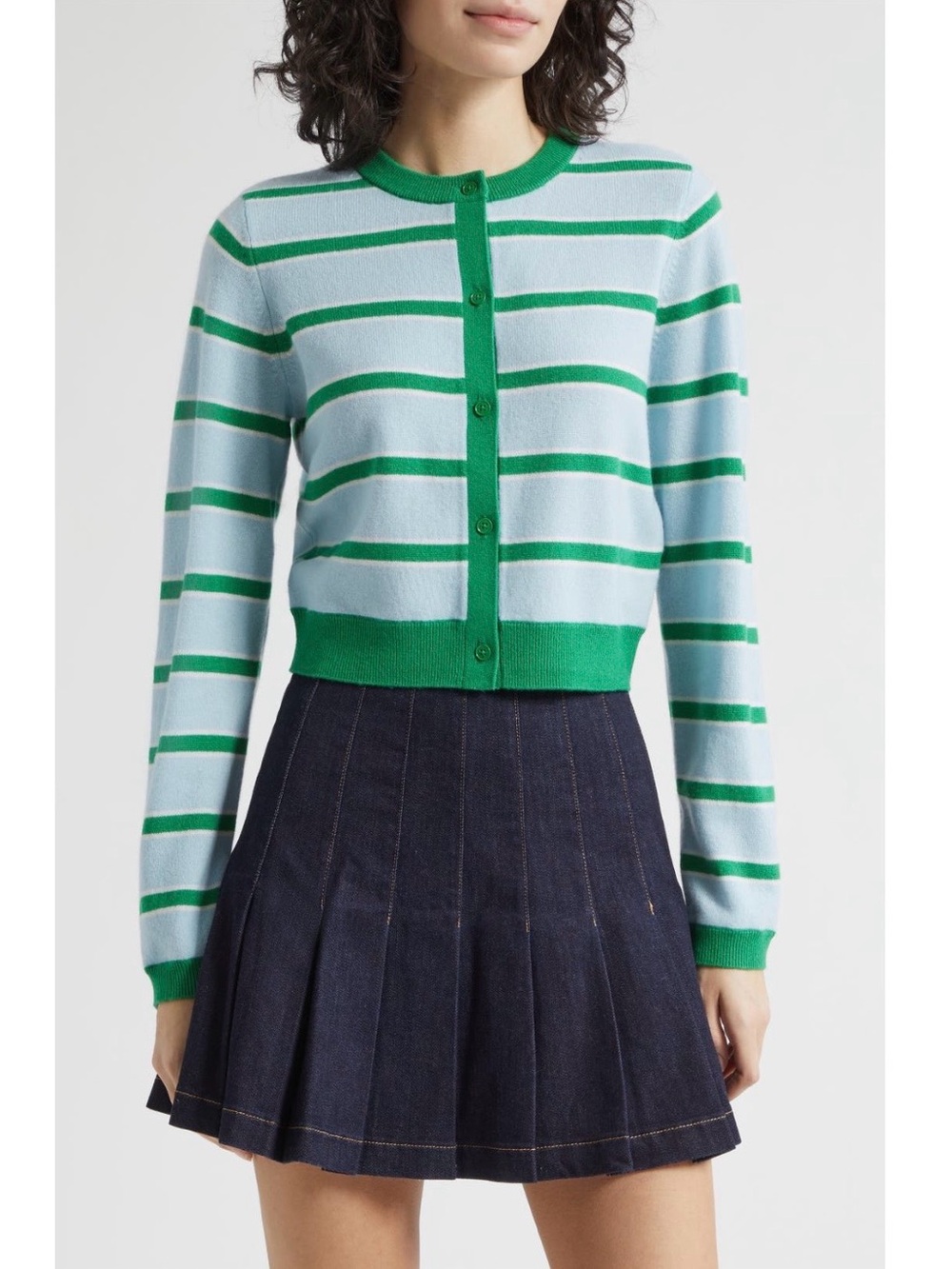 ALICE + OLIVIA Dollie Stripe Crop Cashmere Cardigan Glamour Stripe Carolina Blue - Picture 1 of 9